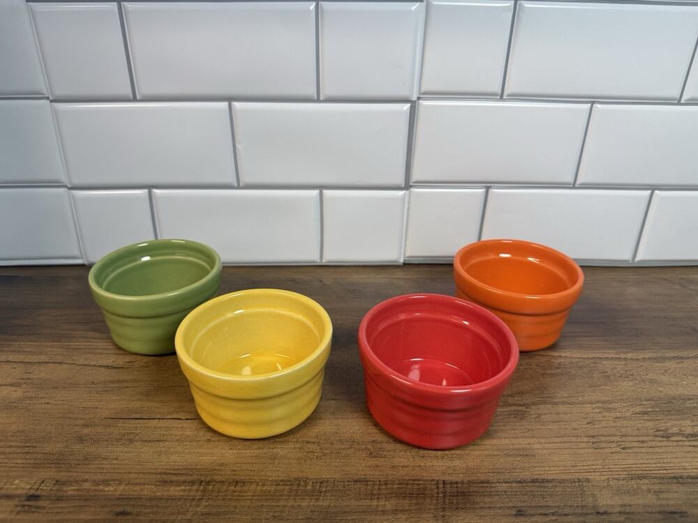 Set of 4 Colorful Ceramic Ramekins Bowls Red Orange Yellow Green Ribbed 4”